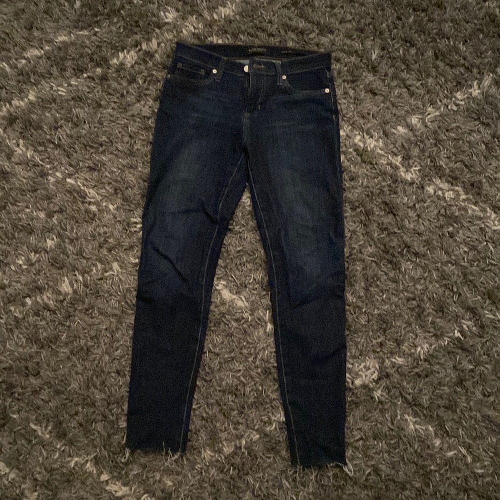 Banana Republic, mid rise skinny, dark denim, distressed hem, size 26, like new
